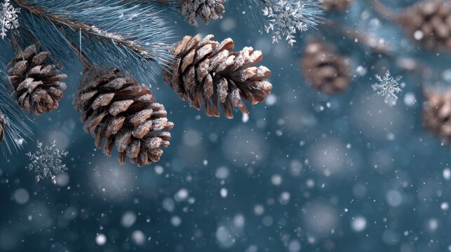 festive winter background with pine cones and snowflakes creating an enchanting atmosphere for christmas or new years festive decorations - Powered by Adobe