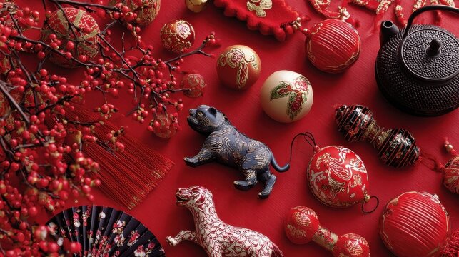 chinese new year decorations with red background with assorted festival decorations - Powered by Adobe