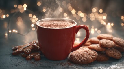 cozy red mug of steaming hot chocolate surrounded by gingerbread cookies and christmas lights