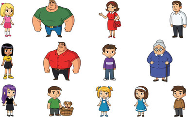 Cartoon family characters of different ages including kids, adults, and seniors, colorful diverse people set illustration for animation, storytelling, education