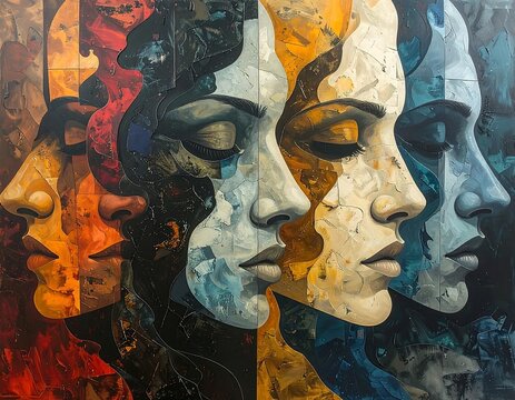 Painted faces display diverse emotions and color shifts