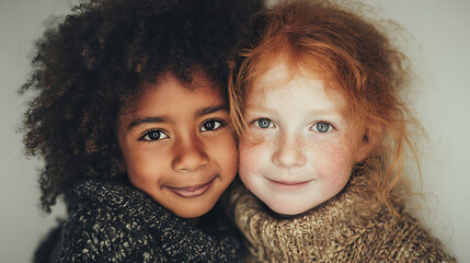 two friendly children of different backgrounds smiling close together portraying unity friendship happiness diversity inclusion and supportive childhood relationship