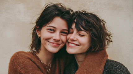 lesbian couple hugging warmly smiling and enjoying togetherness in front of plain wall showing pride friendship and love, strong intimate support and joyful relationship moment