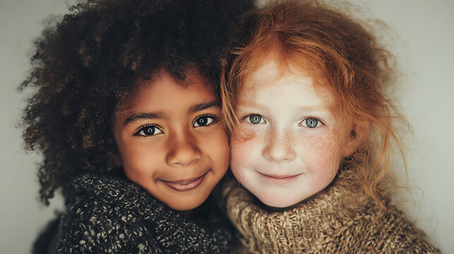 two friendly children of different backgrounds smiling close together portraying unity friendship happiness diversity inclusion and supportive childhood relationship - Powered by Adobe