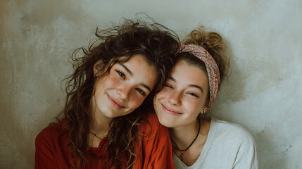 lesbian couple hugging warmly smiling and enjoying togetherness in front of plain wall showing pride friendship and love, strong intimate support and joyful relationship moment