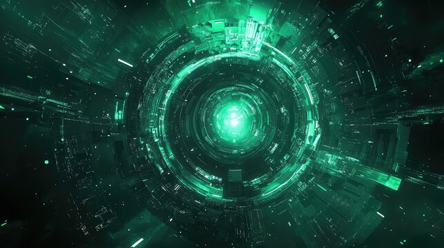 Futuristic abstract green light technology tunnel