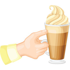 Hand Reaching For A Tall Glass Of Creamy Coffee Latte With Whipped Cream And Caramel Drizzle In A Cafe Setting Isolated On White