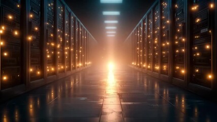 Dynamic data center corridor with glowing servers creating a futuristic, high tech atmosphere for innovation and network infrastructure solutions