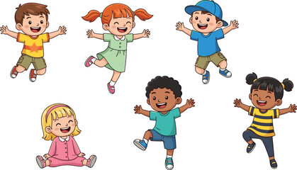 Joyful cartoon children jumping and playing together, expressing happiness, friendship, fun, energy, laughter, teamwork, celebration, and childhood excitement in a colorful illustration