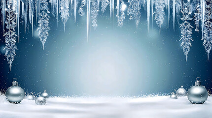 Frozen Winterscape Icicles Snow and Silver Ornaments on a Blue Gradient Background
