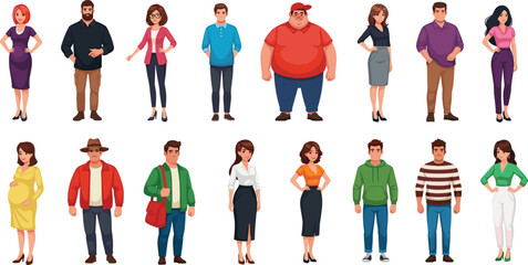 Diverse cartoon men and women standing in various casual and professional outfits, full body character illustration for design, animation, creative projects © Creative Asif