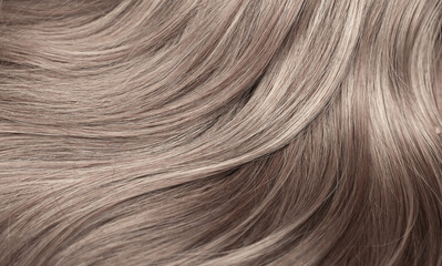 Naklejka premium Blond hair close-up as a background. Women's long light brown hair. Beautifully styled wavy shiny curls. Hair coloring. Hairdressing procedures, extension.