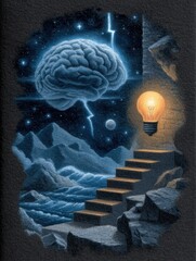 A surreal scene of a brain and light bulb.