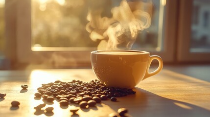 Steaming coffee cup and roasted beans in golden morning light