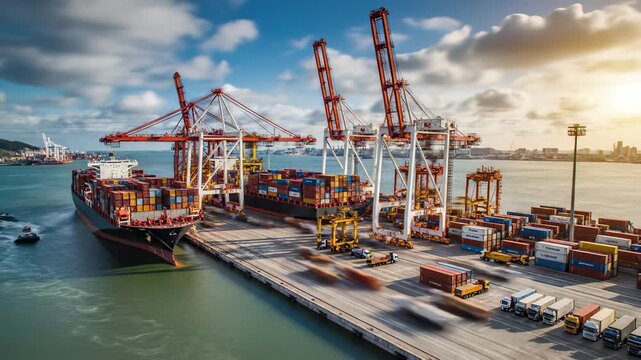 Cargo ship docked at a bustling dock with containers stacked on deck, emphasizing the importance of timely delivery and supply chain management in todays fast paced business world.