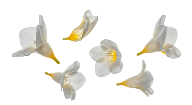 Beautiful white freesia blossoms delicately arranged against a pure background, highlighting their elegant petals and fresh, vibrant appeal for a serene natural touch