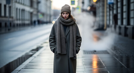 Young woman standing in urban street wearing a warm winter coat