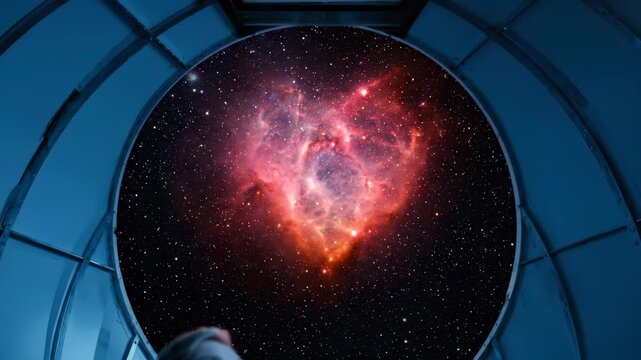 Man astronomer observes nebula through telescope in observatory. Scientist studies galaxy with telescope. Astronomer watching star and nebula. Observatory telescope viewing cosmic nebula.