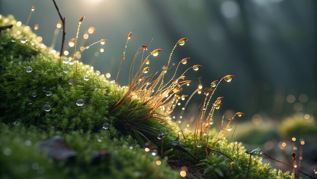Sunlit moss with water droplets, a closeup capturing the beauty of natures details and textures - Powered by Adobe