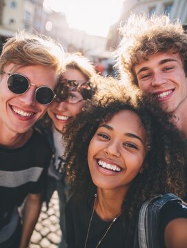 happy friends from diverse cultures and races taking selfie with back lighting  youth and friendship concept with young people having fun together  main focus on left two guys  retro filter no logos 