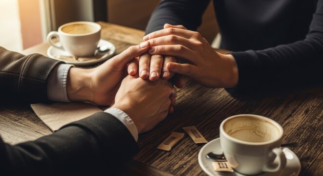 Loving couple holding hands over coffee cups on a wooden table in a cafe. Romance.