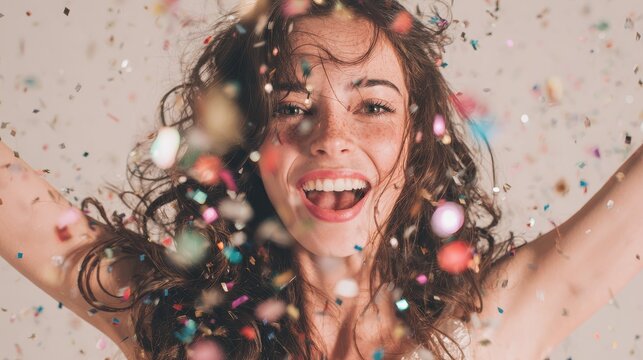 a joyful woman celebrating with sparkling confetti embodying happiness and excitement capturing the essence of vibrant moments in festive gatherings with friends