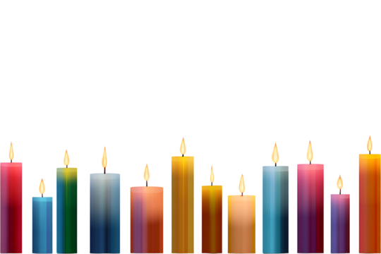 Colorful wax candles lit on transparent background to present any occasion