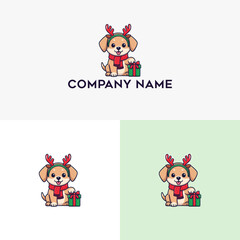 Festive Puppy Mascot with Reindeer Antlers and Gift Box for Holiday Season Branding