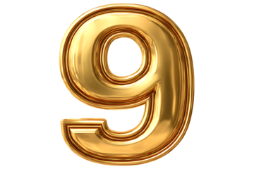 Golden number 9 nine isolated on transparent background shiny glossy metal font