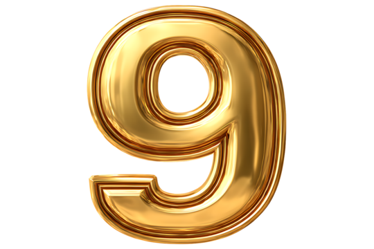Golden number 9 nine isolated on transparent background shiny glossy metal font