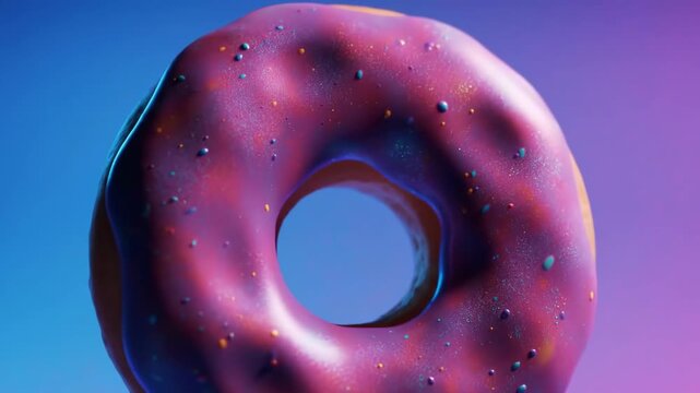 Pink frosted donut with sprinkles floating on a gradient background, suitable for advertisements