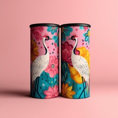 Obraz premium Two vibrant, decorative containers featuring elegant cranes amidst colorful floral patterns against a soft pink background.