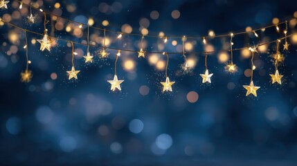 sparkling merry christmas and happy new year greeting with glowing star shaped string lights against a dark blue bokeh background