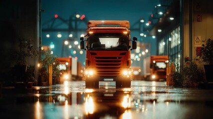 Dynamic logistics footage featuring bright orange semi-trucks at a busy shipping port delivering goods at night for global commerce and supply chain - Powered by Adobe