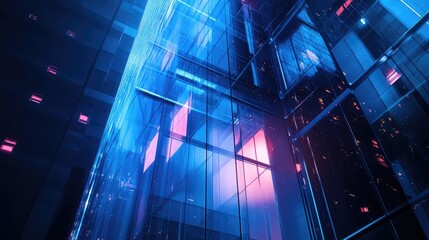 Futuristic skyscraper building reflecting blue and pink neon light