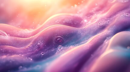 Abstract swirling pink and purple fluid with water droplets and golden light