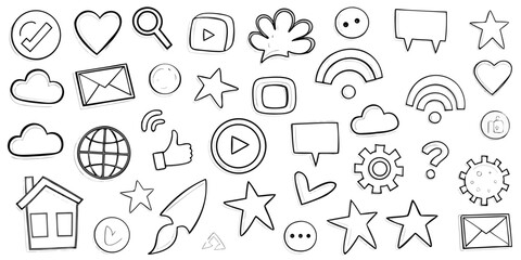 Collection of hand drawn doodle icons representing social media communication and technology elements