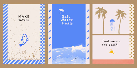 Collection of three beach themed illustrations with inspirational quotes and ocean elements