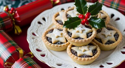 A white plate of festive Christmas mince pies decorated with pastry stars and a sprig of holly.