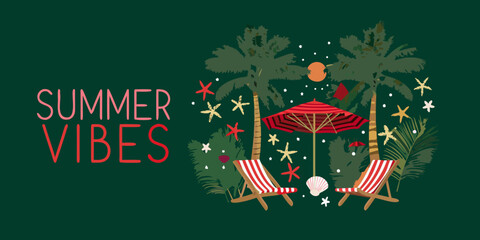 Tropical summer vibes with palm trees beach chairs and starfish illustration