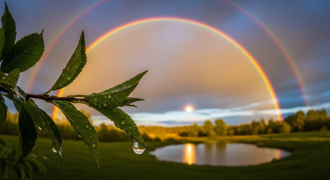 A vibrant double rainbow arching across a cloudy sky above a peaceful landscape with a river and lush greenery during sunset