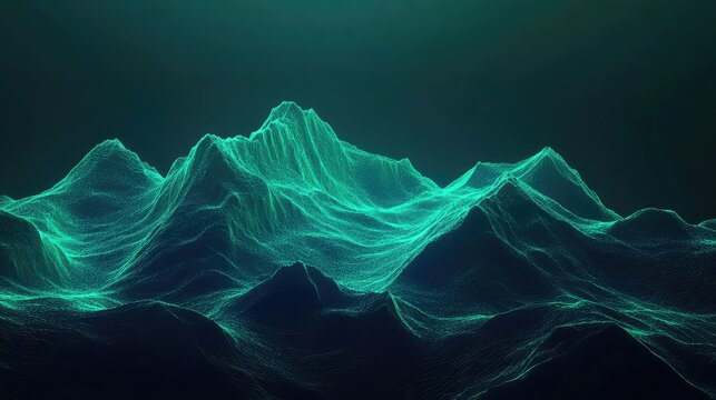 Digital wireframe mountains creating a futuristic data landscape