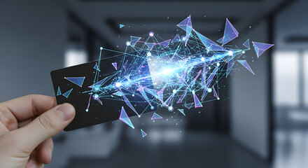 Hand holding a black card with a digital network exploding from it