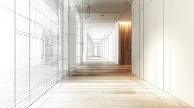 Modern building hallway blueprint rendering architectural design