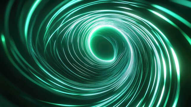 Glowing green spiral light tunnel abstract background