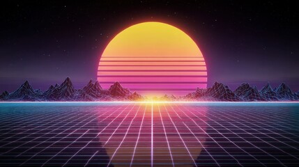 2026 in retro synthwave style with glowing grid and pixelated sun