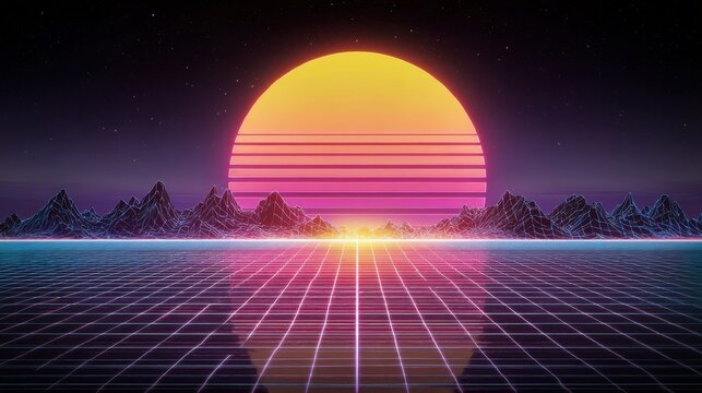 2026 in retro synthwave style with glowing grid and pixelated sun