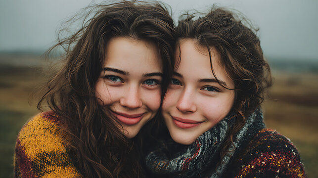 lesbian couple or close female friends hugging smiling and enjoying intimate supportive friendship and loving bond