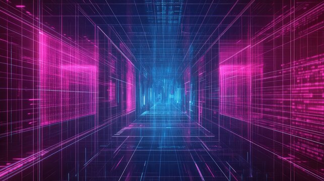 Digital data grid tunnel visualizing quantum computing metaverse - Powered by Adobe