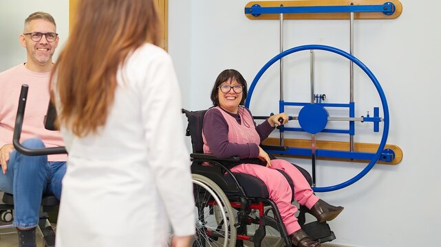 Inclusive physical therapy session with people with physical disability - Powered by Adobe
